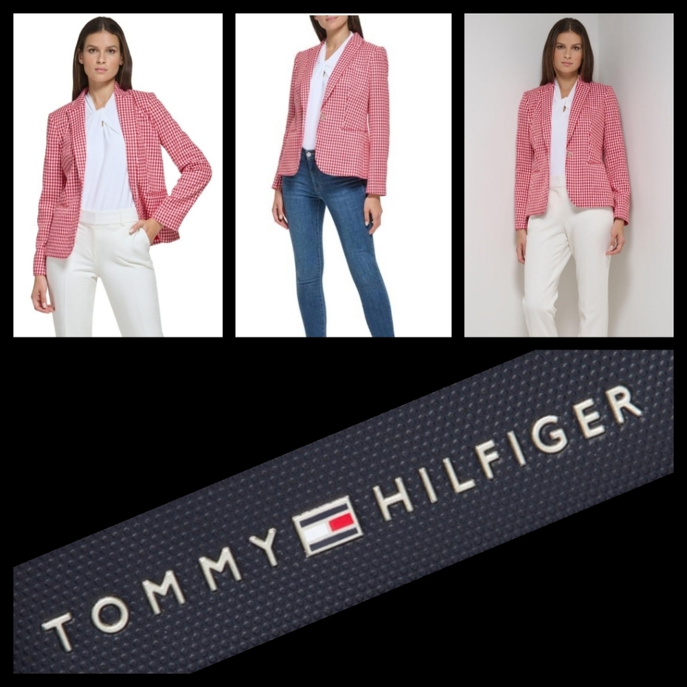 Tommy Hilfiger Women's Houndstooth Peak-Lapel Blazer Scarlet/Ivory NWT Size 16